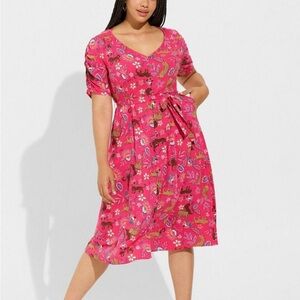 Torrid Midi Rayon Slub Button Front Tie Dress • Pink Leopard • 3X
